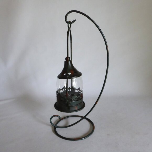 NEW 13.75” HANGING METAL & GLASS LANTERN TEA LIGHT CANDLE HOLDER STAND ODDITY - Picture 7 of 13